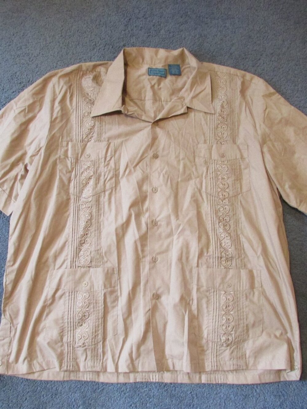 NWOT TropiCool 2X Tan Embroidered Button-Up Shirt Pockets Beach Guayabera Cuban